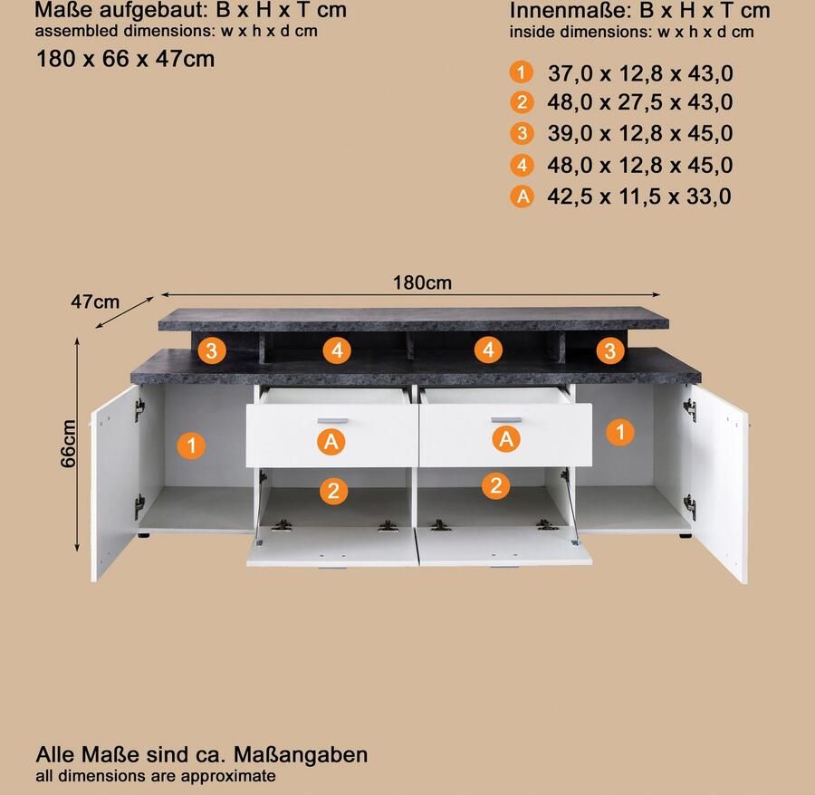 INOSIGN Tv-meubel Messina TV-Lowboard met deuren lades & vakken (B D H) 180 47 66 cm (1 stuk)