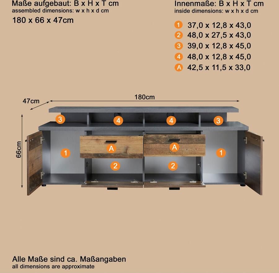 INOSIGN Tv-meubel Messina TV-Lowboard met deuren lades & vakken (B D H) 180 47 66 cm (1 stuk)