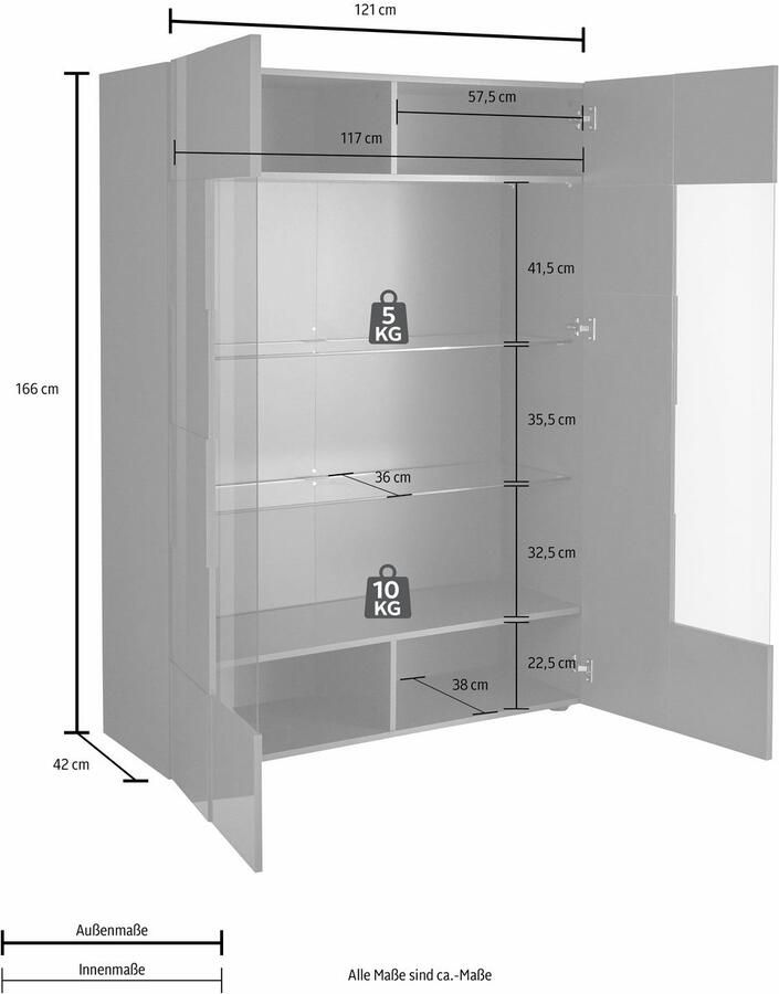 INOSIGN Vitrinekast Dama Hoogte 166 cm Breedte 121 cm Opberg vitrinekast met 2 deuren Staande vitrine front in 3D-uiterlijk veel opbergruimte verschillende kleuren
