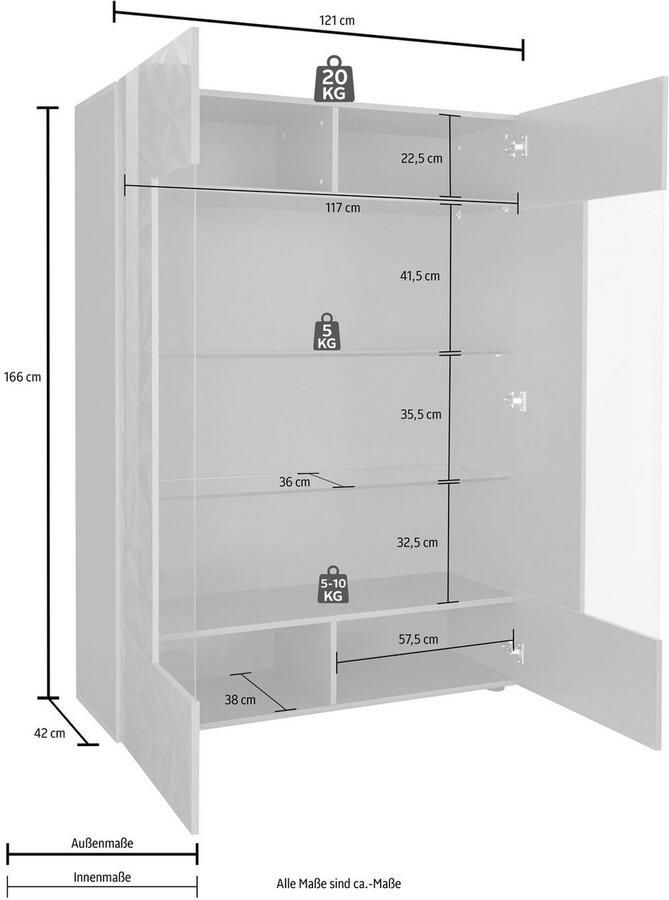 INOSIGN Vitrinekast Prisma Hoogte 166 cm Breedte 121 cm opbergvitrine met 2 deuren Staande vitrine Voorkant met elegante zeefdruk greeploos veel opbergruimte