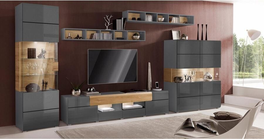 INOSIGN Vitrinekast Toledo hoogte 204 cm trendy glazen vitrine met decoratieve frezingen Standvitrine zonder verlichting veel opbergruimte hoogglans front MDF