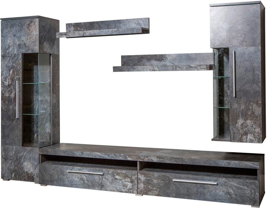 INOSIGN Wandmeubel India breedte 245cm moderne mediastelling zonder verlichting Opbouwwand (set 5-delig 1x vitrine 1x hangvitrine 1 TV-kast 2x wandplank)