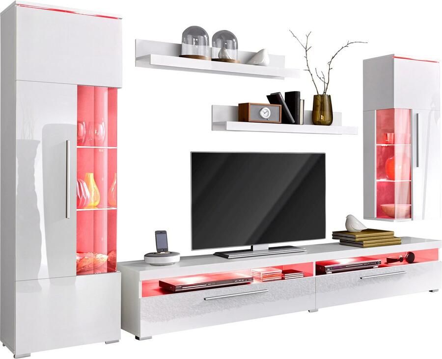 INOSIGN Wandmeubel India breedte 245cm moderne mediastelling zonder verlichting Opbouwwand (set 5-delig 1x vitrine 1x hangvitrine 1 TV-kast 2x wandplank)