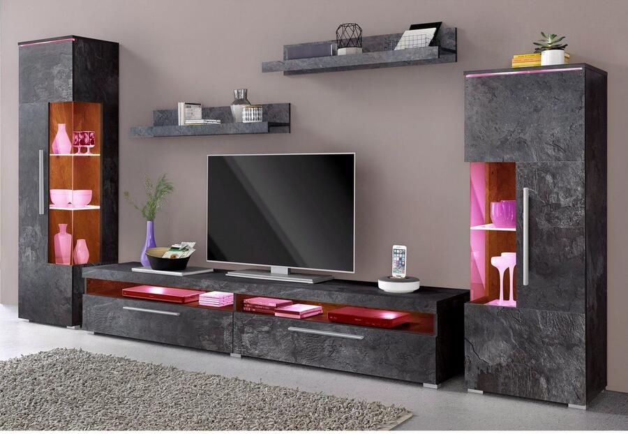 INOSIGN Wandmeubel India breedte 290cm moderne mediastelling zonder verlichting Aanbouwwand (set 5-st 2x vitrine 1 TV-kast 2x wandplank) veel opbergruimte (set 5 stuks)