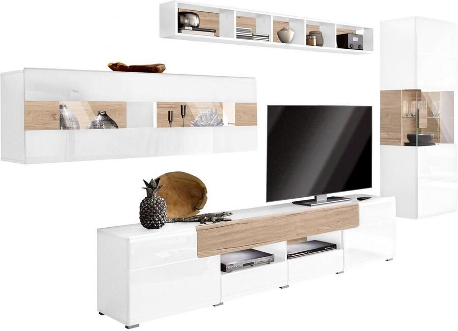 INOSIGN Wandmeubel Toledo breedte 391cm stijlvolle mediawand zonder verlichting Opbouwwand (2x hangvitrine lowboard wandplank) MDF hoogglans fronten (set)