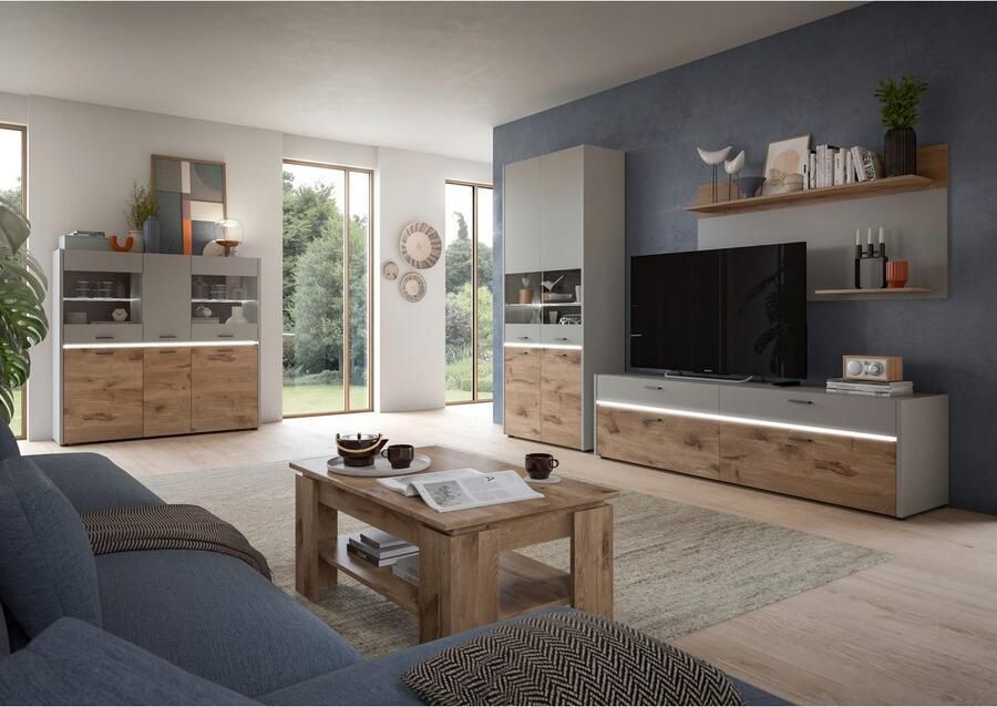 INOSIGN Wandmeubel Spezia Breedte 285cm in Lichtgrijs met Structuurachterwand Wooncombinatie woonkamer set combinatie TV-wand woonkamermeubels (set 3-delig)