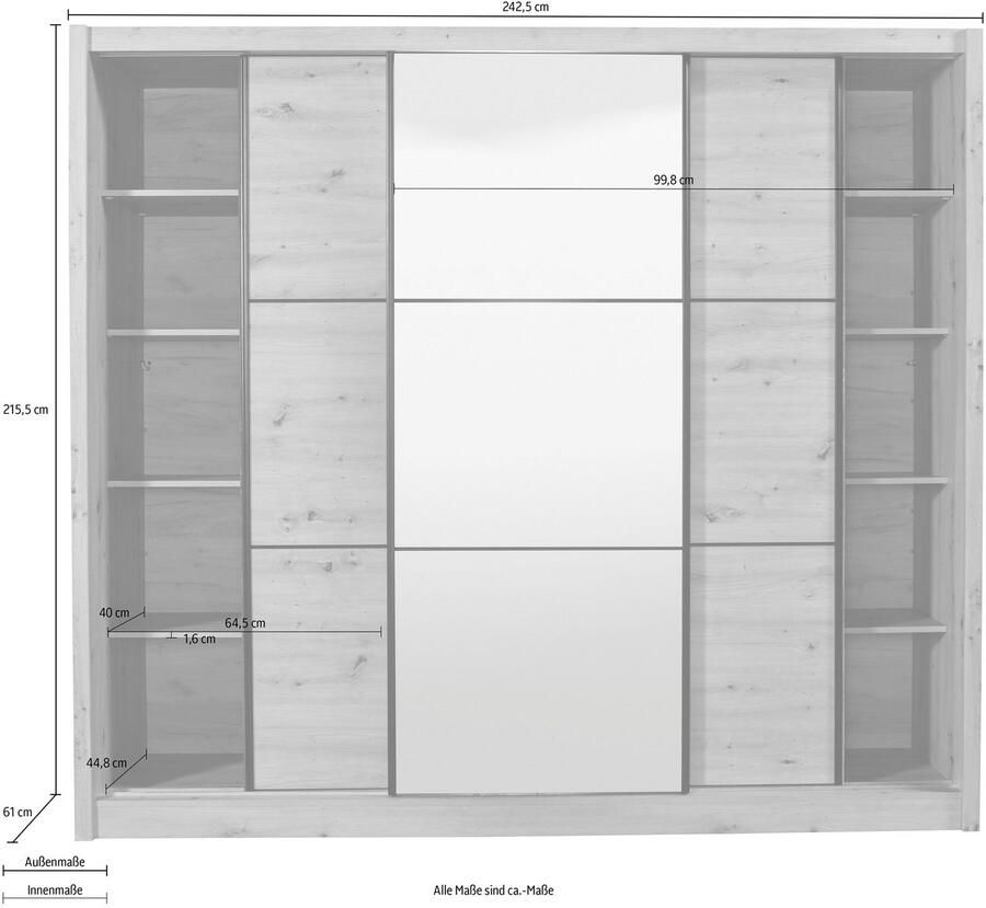 INOSIGN Zweefdeurkast Navara kledingkast met spiegel linnenkast garderobe met royale binnenuitrusting fsc -gecertificeerd in 3 breedtes
