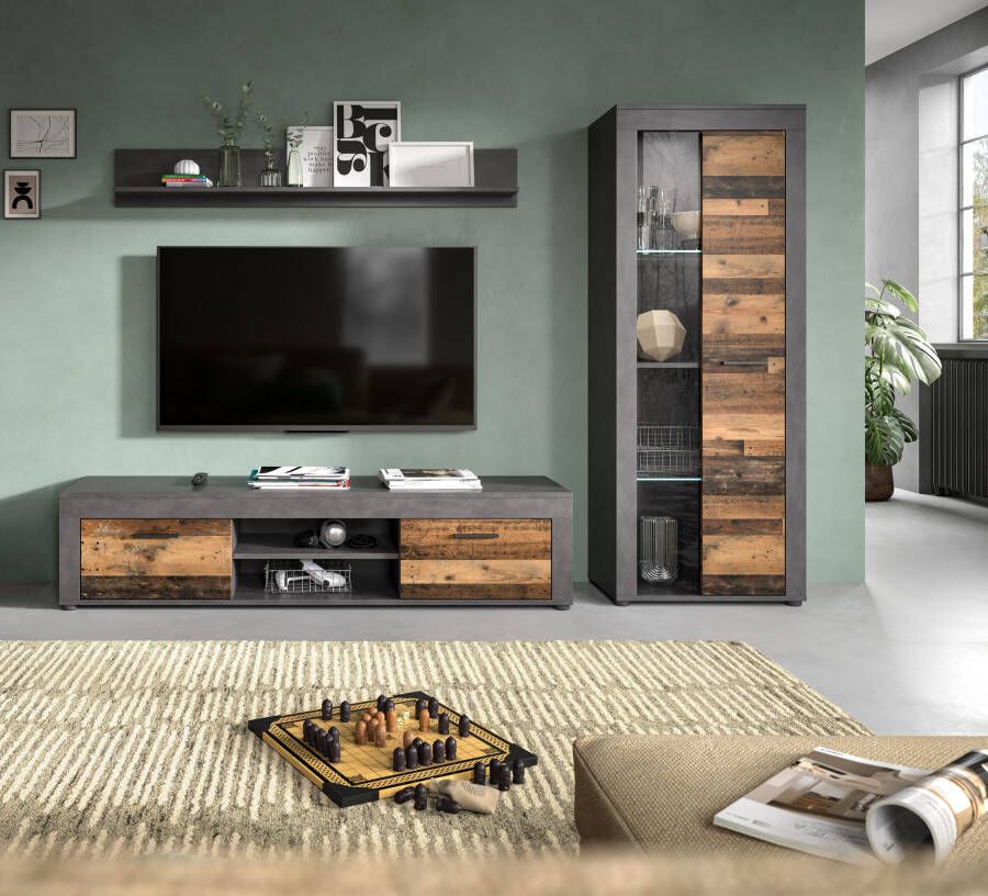 INOSIGN Wandmeubel Aosta Breedte 235cm bestaand uit Lowboard Wandplank Vitrine Woonwand combinatie opbouwwand meubelset kastwand meubelcombi (3 stuks)