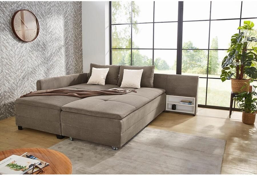 Jockenhöfer Gruppe Hoekbank Madrid L-vorm draaiende slaapbank verenvering geïntegreerde koudschuim-topper rek-element links rechts monteerbaar