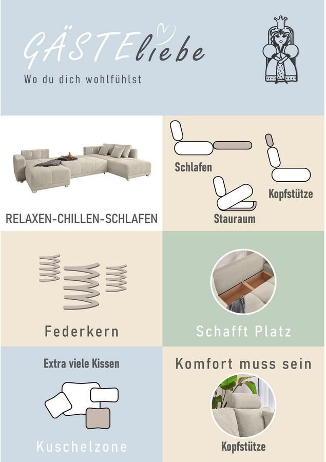 Jockenhöfer Gruppe Zithoek Orlando U-vorm B: 337 cm met bedfunctie bedlade 2 hoofdsteunen & 2 sierkussens vering