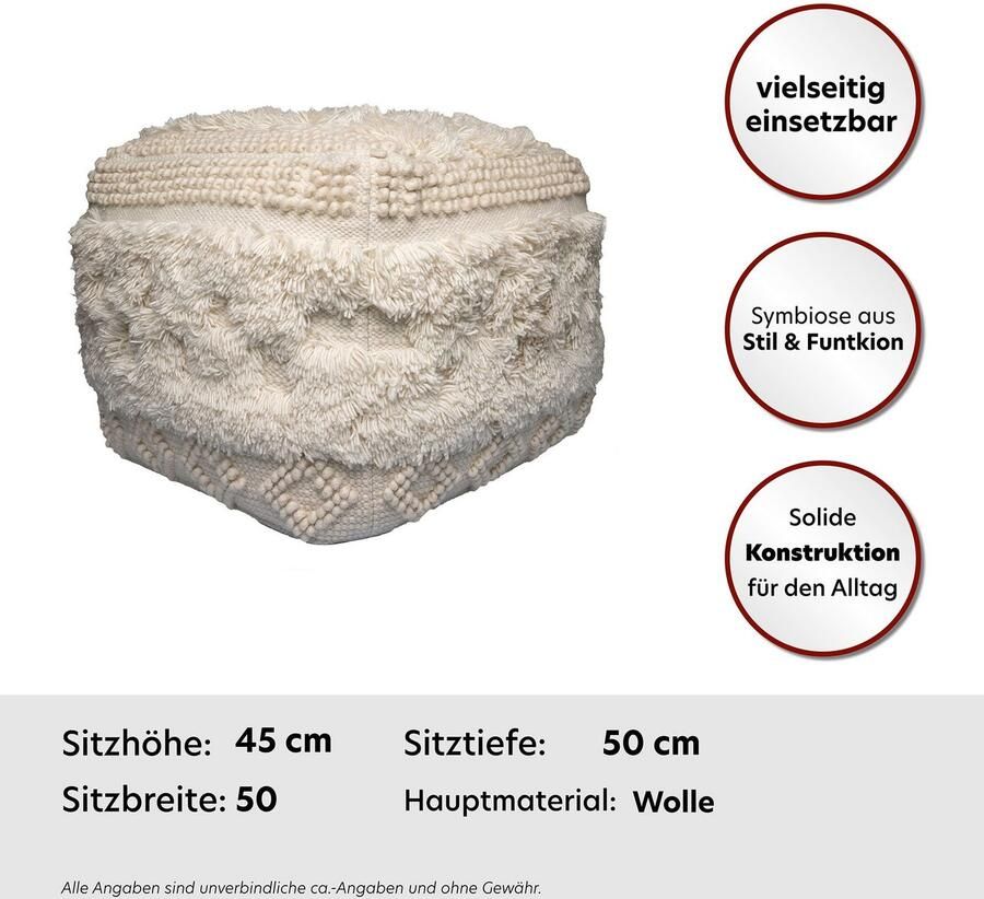 Kayoom Poef Bohist 125 50cm x 50cm Structuren met franjes en kwasten handgemaakt uniek zeer goed te combineren veelzijdig in gebruik (1 stuk)
