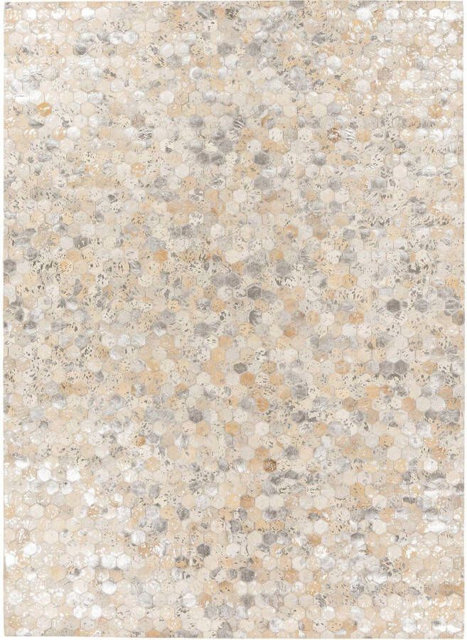 Kayoom Leren vloerkleed Ravi 400 Vloerkleed van dierenhuid metallische effecten patchwork dessin runderhuid met wollen rug