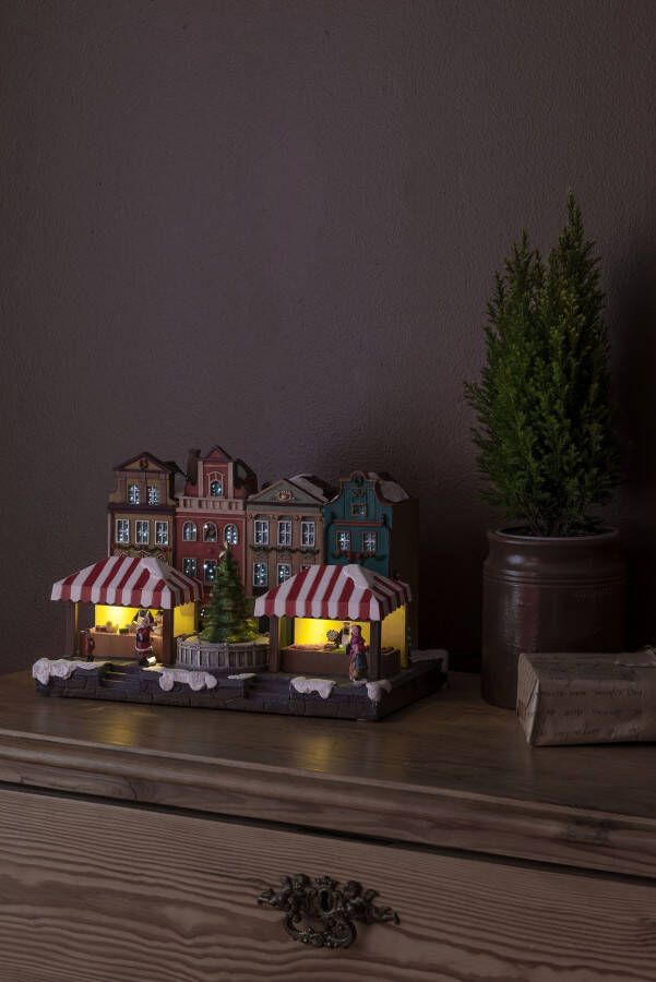 KONSTSMIDE Kerststad Kerst versiering Led-huis in fiber-look met stadsscène en draaiende kerstboom (1 stuk)