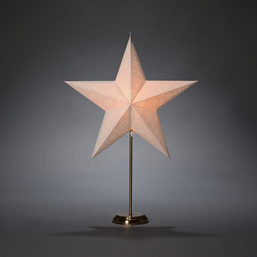 KONSTSMIDE Sierster Kerstster kerstversiering verlichte papieren ster met wit motief met messingkleur. metalen voet (1 stuk)