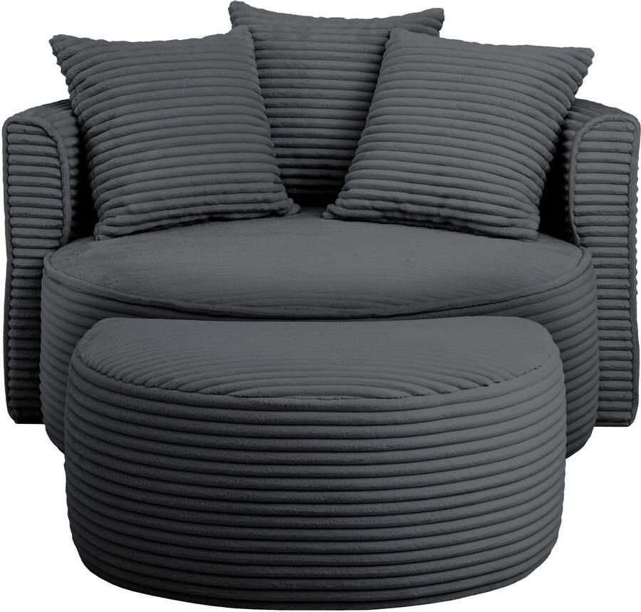 LeGer Home by Lena Gercke XXL-fauteuil Isalie ronde stoel met voetensteun leesstoel loveseat grote stoel trendy stoffen 3 sierkussens groot zitvlak corduroy fluweel bouclé (set)