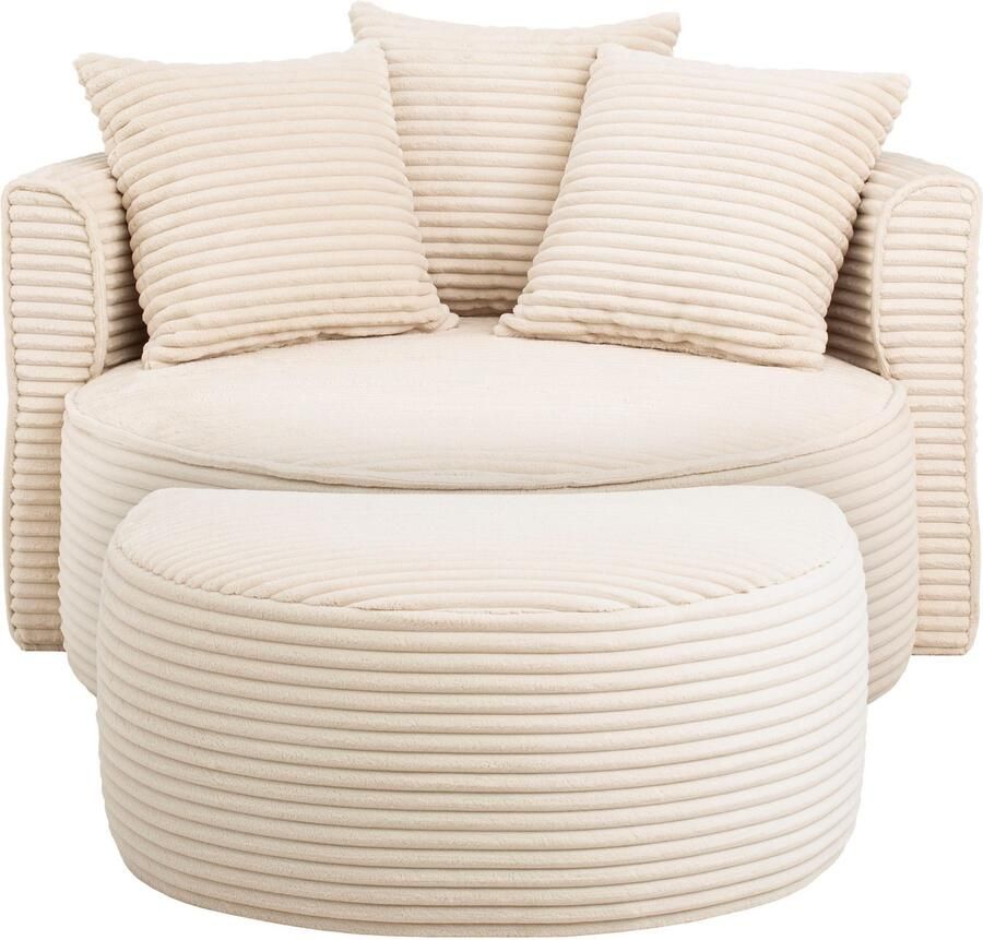 LeGer Home by Lena Gercke XXL-fauteuil Isalie ronde stoel met voetensteun leesstoel loveseat grote stoel trendy stoffen 3 sierkussens groot zitvlak corduroy fluweel bouclé (set)