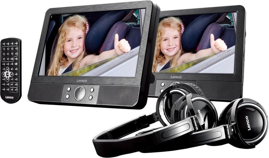 Lenco 9 Dubbel scherm Portable DVD-speler met hoofdtelefoon en brackets Zwart