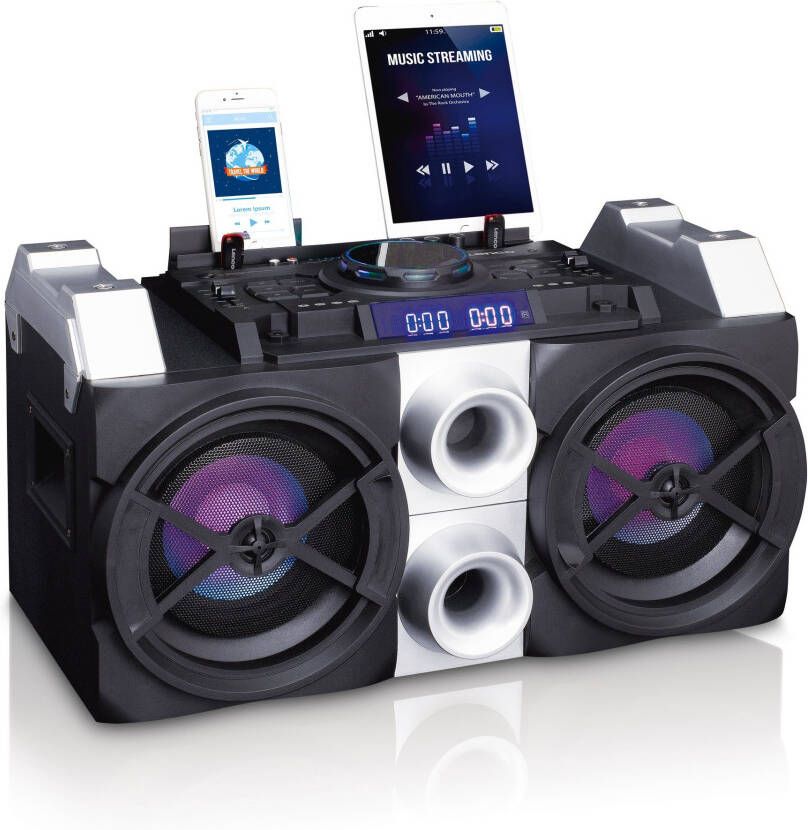 Lenco High Power DJ Mixer System met Bluetooth USB FM Radio en Party Lights Zwart-Zilver