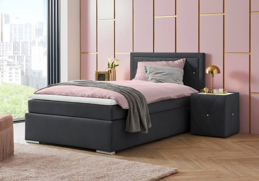 Leonique Boxspring Alfie bestseller optioneel met bedlade met strassteentjes in het hoofdbord h2 h3 en h4 ter keuze