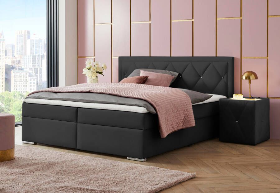 Leonique Boxspring Alfie bestseller optioneel met bedlade met strassteentjes in het hoofdbord h2 h3 en h4 ter keuze