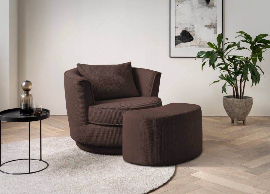 Home affaire Draaibare fauteuil MAISIE Love Seat leesstoel stoelset met poef in mega cord en geweven fluweel draaibaar 360 graden met poef (2 stuks)