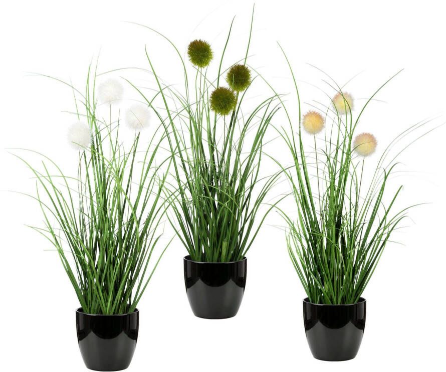 Leonique Kunstgras Grasbundel met bollen Kunstplant gras in pot 3-pack bestseller (set 3 stuks)