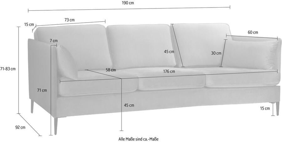 Home affaire 3-zitsbank Light inclusief losse sierkussens met smalle armleuningen en telescooppoten