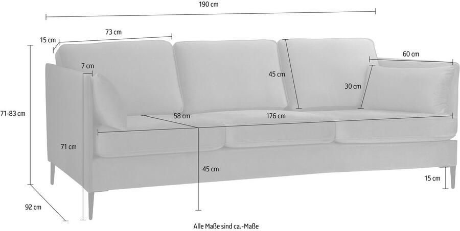 Home affaire 3-zitsbank Light inclusief losse sierkussens met smalle armleuningen en telescooppoten