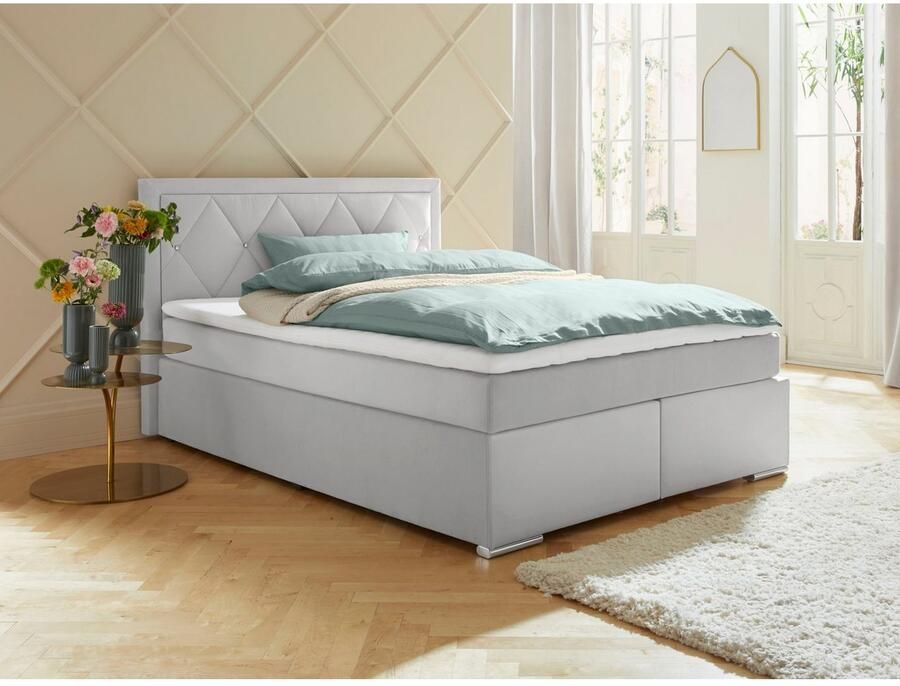 Leonique Boxspring Alfie bestseller optioneel met bedlade met strassteentjes in het hoofdbord h2 h3 en h4 ter keuze