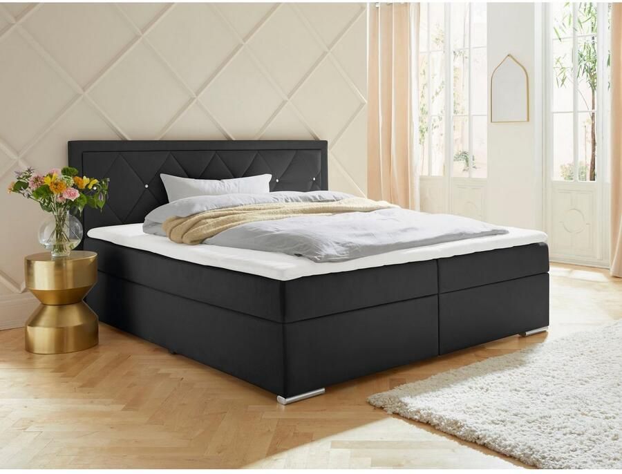 Leonique Boxspring Alfie bestseller optioneel met bedlade met strassteentjes in het hoofdbord h2 h3 en h4 ter keuze