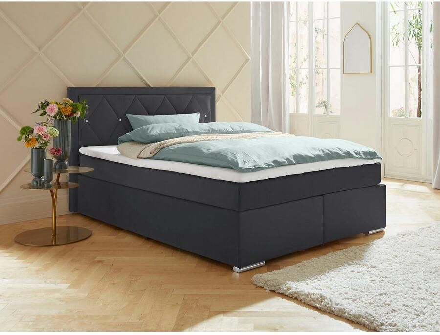 Leonique Boxspring Alfie bestseller optioneel met bedlade met strassteentjes in het hoofdbord h2 h3 en h4 ter keuze