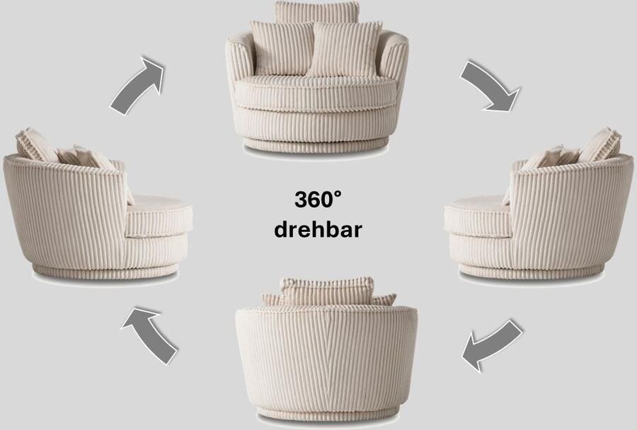 Home affaire Leonique Draaibare fauteuil MAISIE Love Seat leesstoel stoelset met poef in mega cord en geweven fluweel draaibaar 360 graden met poef (2 stuks)