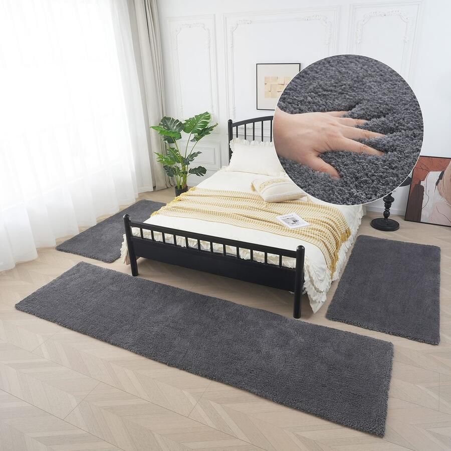 My home Set slaapkamerkleedjes met hoge pool Microvezeltapijt Magong bijzonder zacht zeer fijne pool uni unikleurig slaapkamerkleed loperset slaapkamer kinderkamer