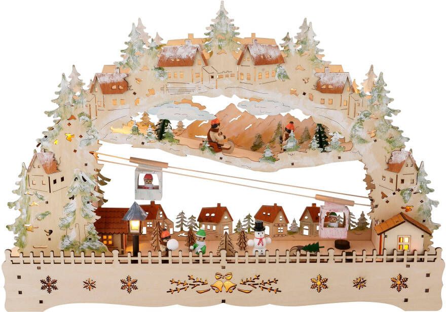 My home Schwibboog Kerst versiering met bewegende kabelbaan en geïllumineerde huizen en rodelbaan