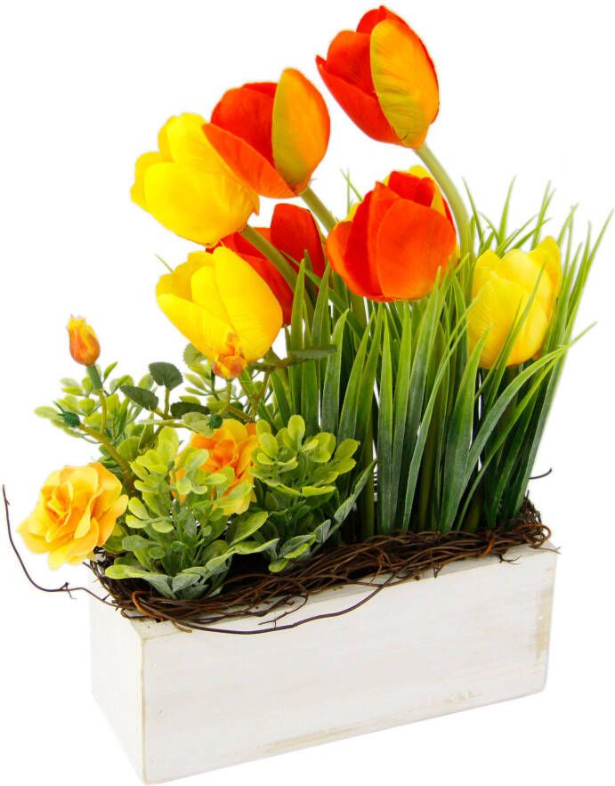 My home Takken Tulpen wilde rozen en gras In pot van hout bloemdecoratie (1 stuk)