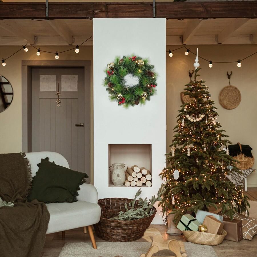 Näve Decoratief ledobject Decoratieve krans Noel kerstdecoratie deurkrans met ballen dennenappels en bessen (1 stuk)