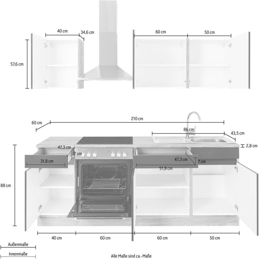 OPTIFIT Keukenblok Roth Breedte 210 cm optioneel met elektrische apparaten push-to-open functie