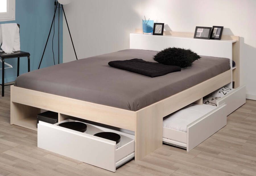 PARISOT MUST Modern bed voor volwassenen met lades Acaciahout en wit decor L 140 x L 190 200 cm