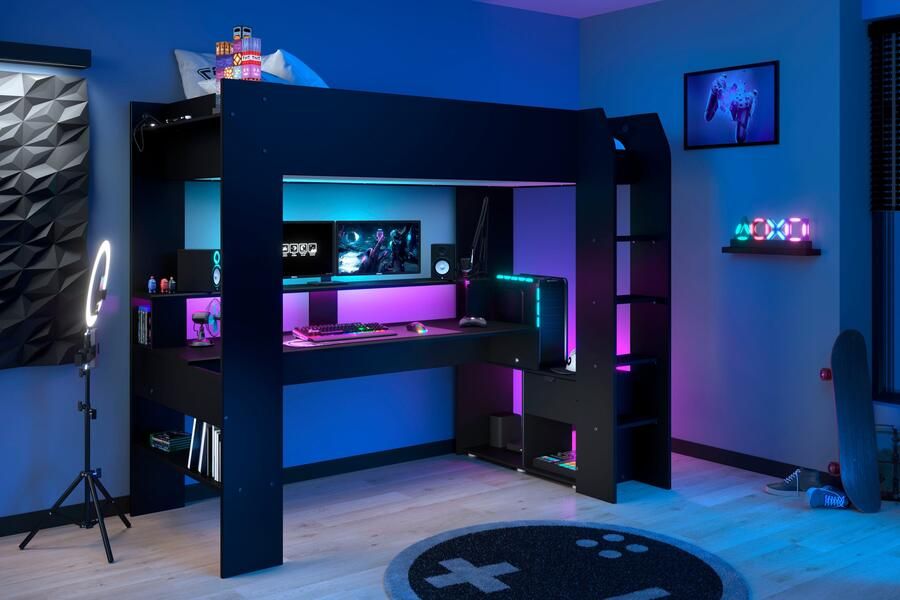 Parisot Hoogslaper Gaming-bed met bureau USB-aansluiting LED veel opbergruimte - Foto 15