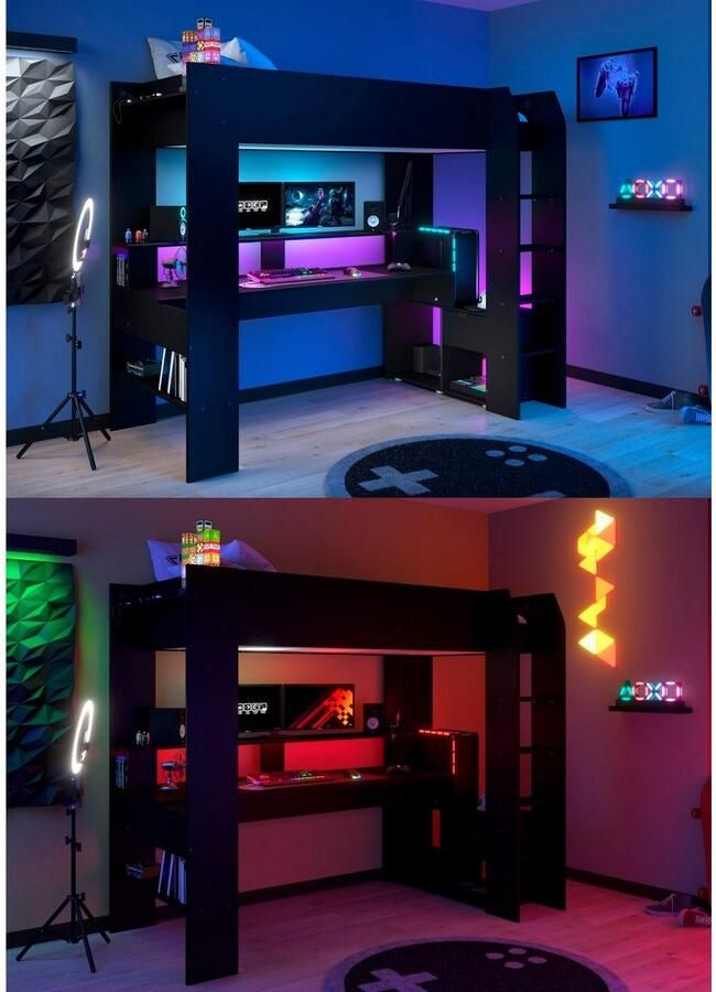 Parisot Hoogslaper Gaming-bed met bureau USB-aansluiting LED veel opbergruimte - Foto 3