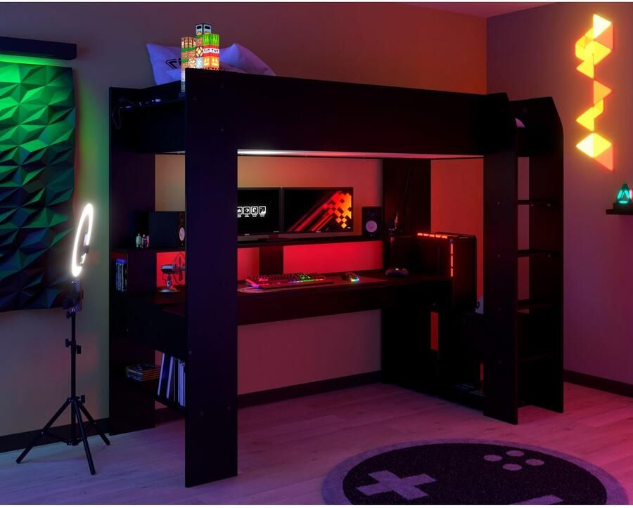 Parisot Hoogslaper Gaming-bed met bureau USB-aansluiting LED veel opbergruimte - Foto 2