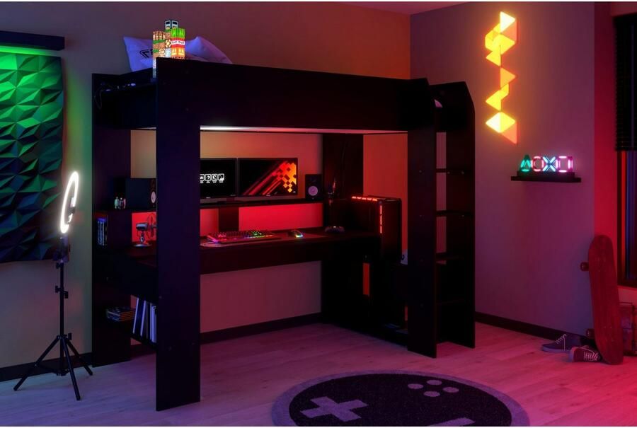 Parisot Hoogslaper Gaming-bed met bureau USB-aansluiting LED veel opbergruimte - Foto 11