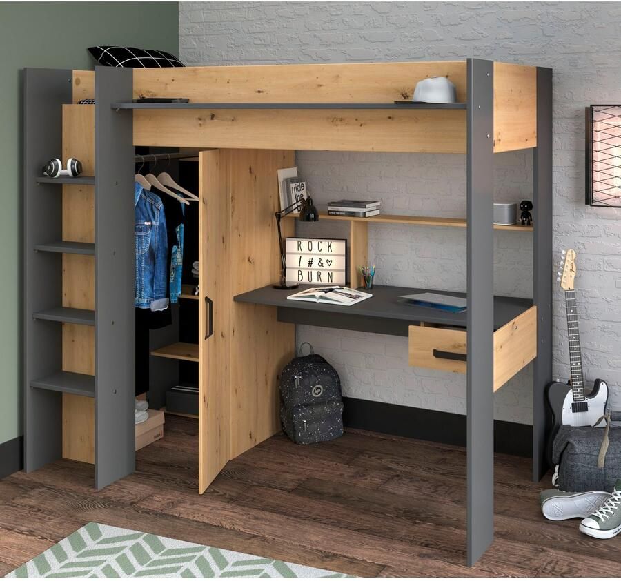 Merkloos Sans marque Vente unique Hoogslaper AUCKLAND met bureau en kast 90x200cm Eikenkleur en antraciet L 204.4 cm x H 178.3 cm x D 116.4 cm - Foto 6