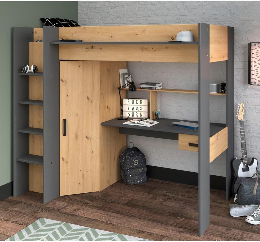 Merkloos Sans marque Vente unique Hoogslaper AUCKLAND met bureau en kast 90x200cm Eikenkleur en antraciet L 204.4 cm x H 178.3 cm x D 116.4 cm - Foto 7