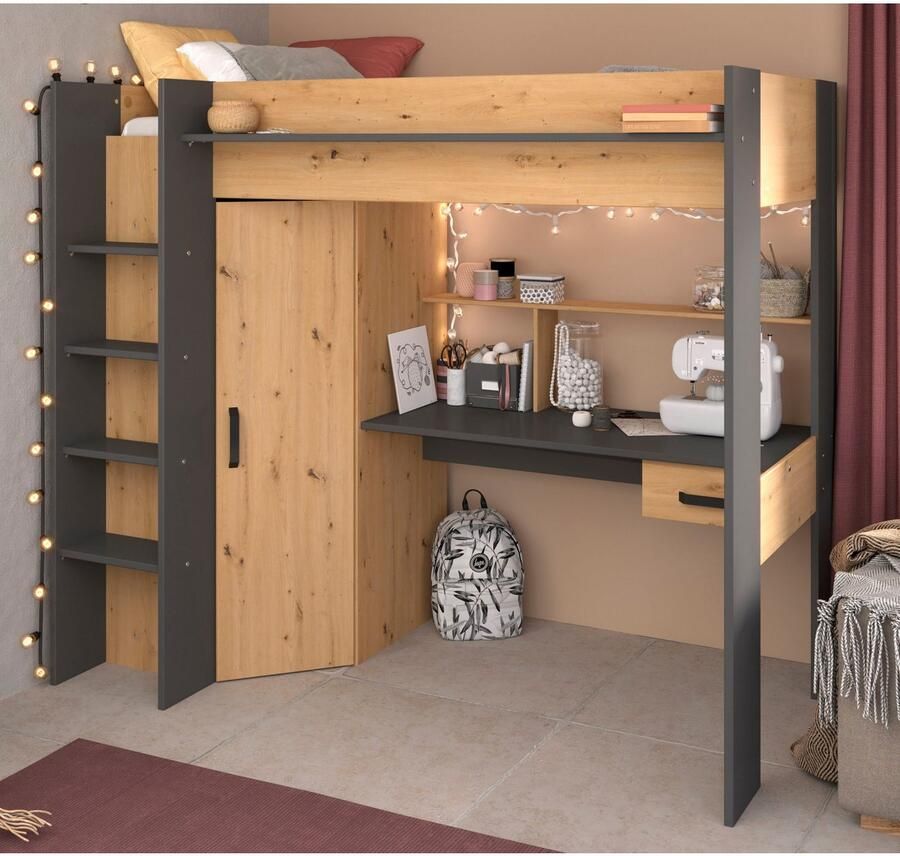 Merkloos Sans marque Vente unique Hoogslaper AUCKLAND met bureau en kast 90x200cm Eikenkleur en antraciet L 204.4 cm x H 178.3 cm x D 116.4 cm - Foto 4