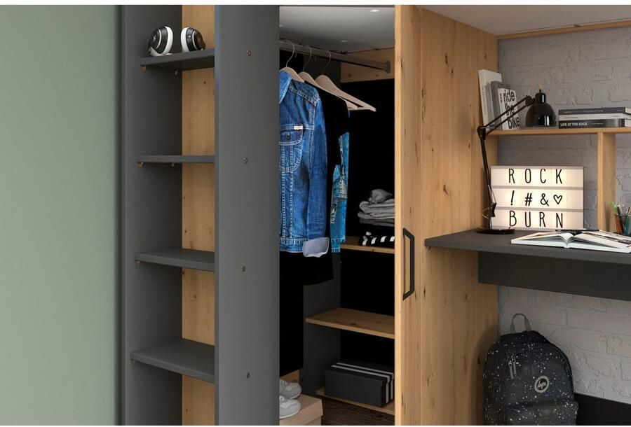 Merkloos Sans marque Vente unique Hoogslaper AUCKLAND met bureau en kast 90x200cm Eikenkleur en antraciet L 204.4 cm x H 178.3 cm x D 116.4 cm - Foto 8