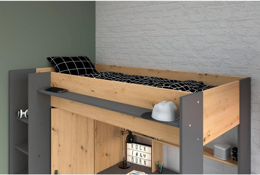 Merkloos Sans marque Vente unique Hoogslaper AUCKLAND met bureau en kast 90x200cm Eikenkleur en antraciet L 204.4 cm x H 178.3 cm x D 116.4 cm - Foto 10