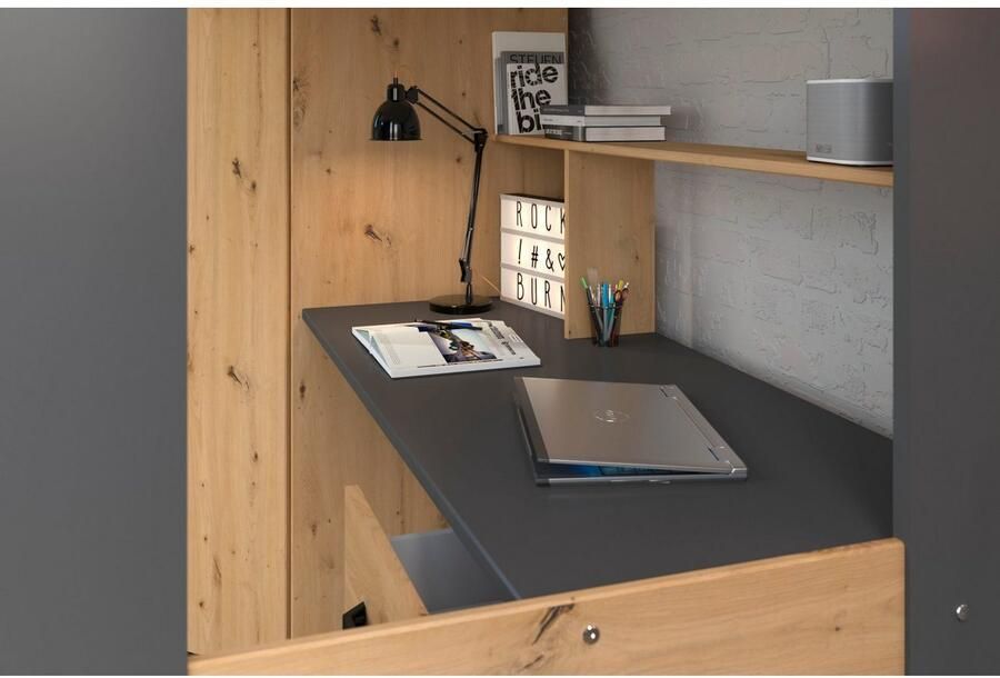 Merkloos Sans marque Vente unique Hoogslaper AUCKLAND met bureau en kast 90x200cm Eikenkleur en antraciet L 204.4 cm x H 178.3 cm x D 116.4 cm - Foto 9