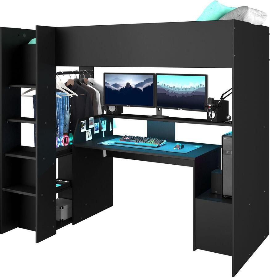 Parisot Hoogslaper Meddox TOPSELLER! OTTOs keuze gamerbed LED bureau Kledingstang veel opbergruimte ideaal voor kleine ruimtes ALL-IN-ONE bed