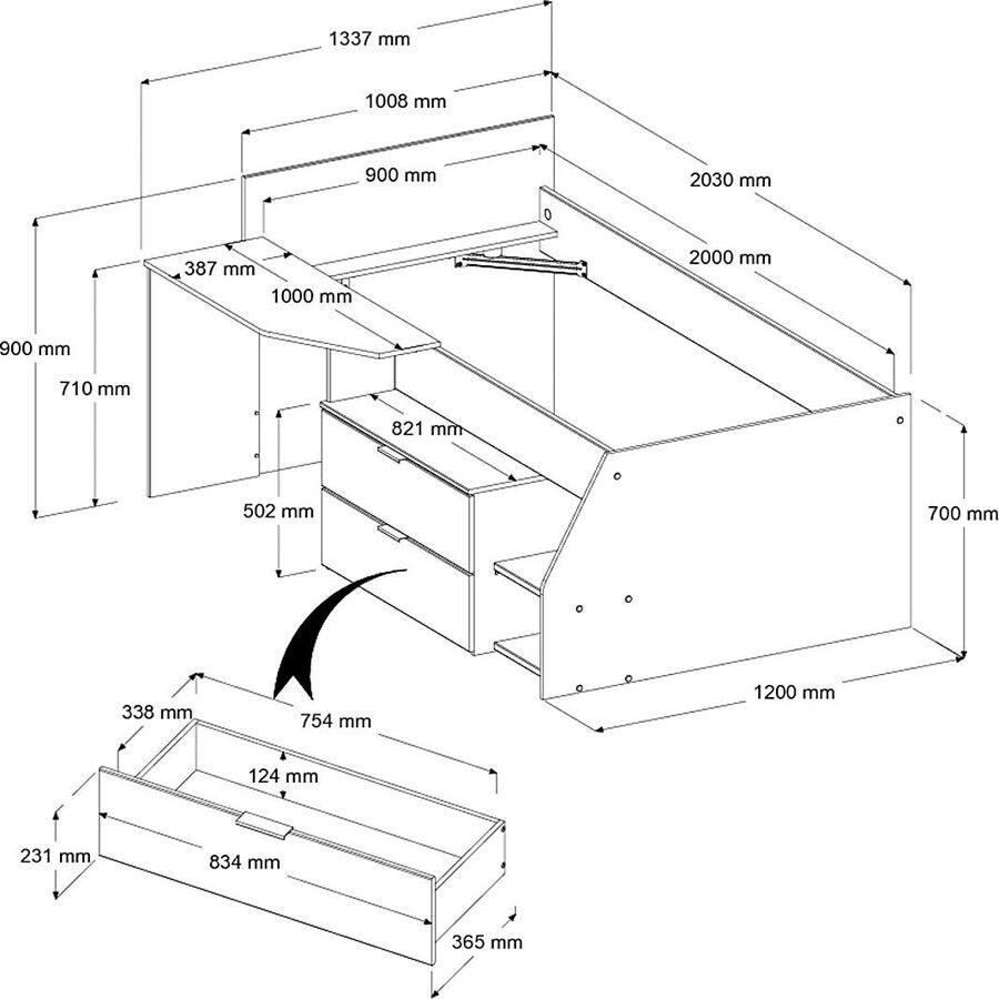 PARISOT Kim Kindercombinatiebed Jackson eiken en zwart decor 90 x 190 200 cm
